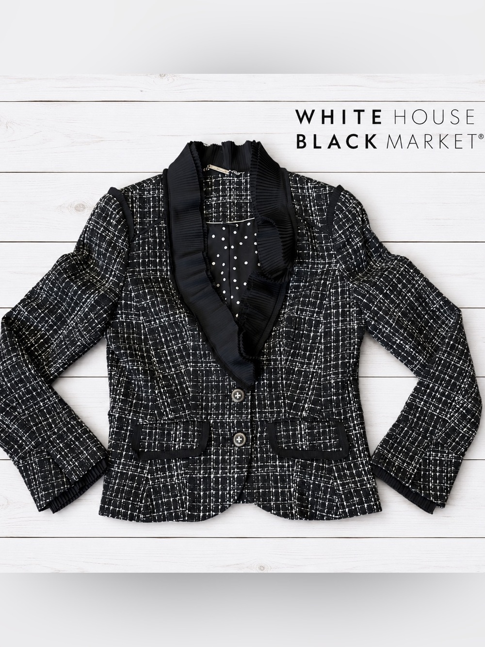 White House Black Market Black & White Tweed Ruffle-Trim Blazer